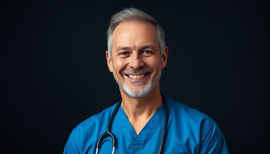 Smiling man in blue scrubs, related to diagnostic tests for identifying dermatophytes.