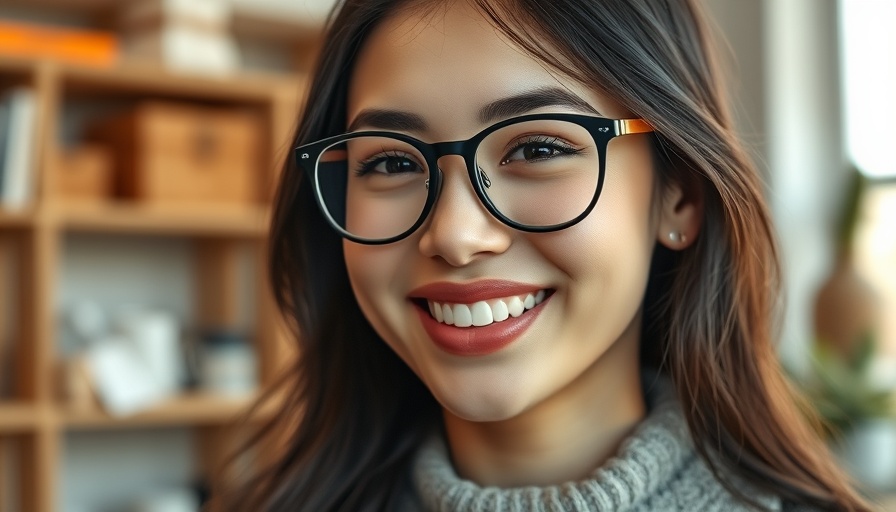 Young woman with glasses smiling indoors, warm lighting.