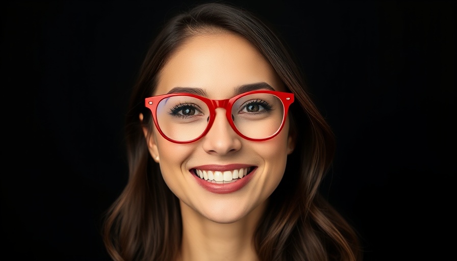Smiling woman with red glasses exemplifying confidence and warmth.