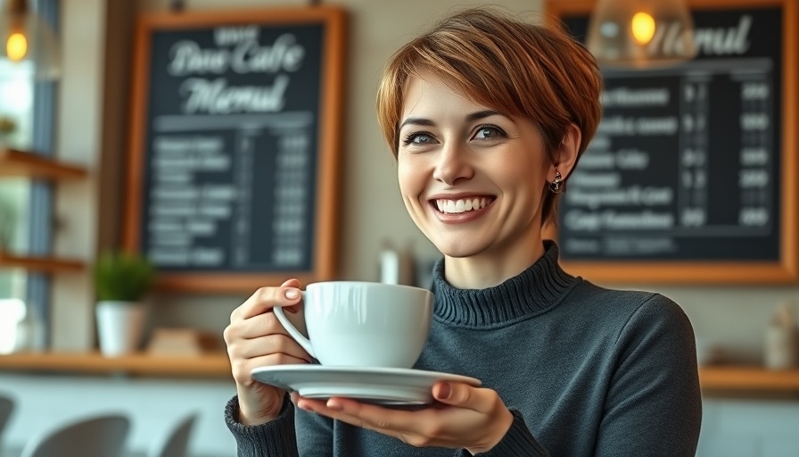 Woman in cafe holding coffee, smiling warmly, 10% Tariff Impact on MedSpas.