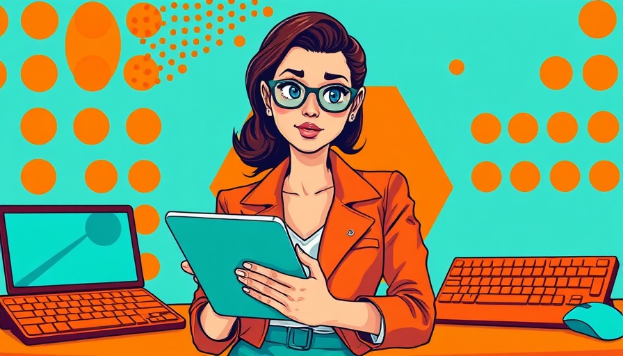 Modern collage of young woman with tablet and colorful gadgets.