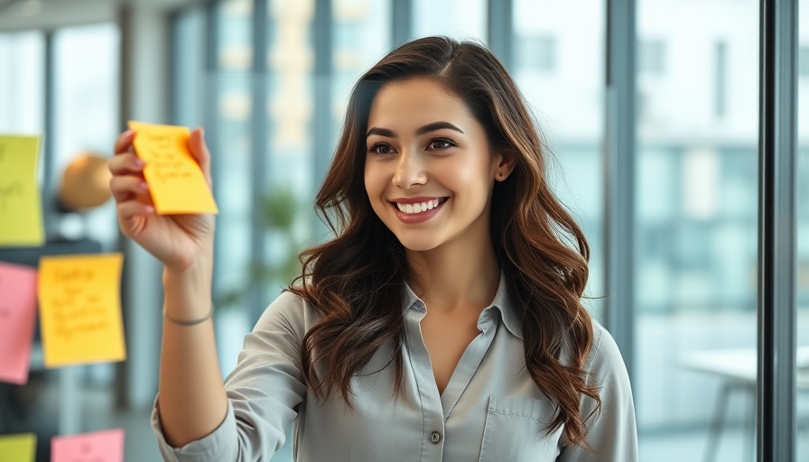 Young woman organizing sticky notes in office, planning veterinary content.