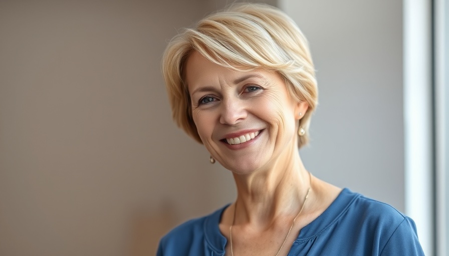 Smiling middle-aged woman indoors with soft lighting.