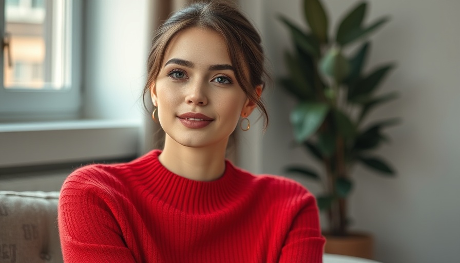 Fashionable woman indoors, relaxed expression in red sweater.