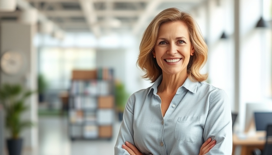 Confident female entrepreneur with a warm smile in a bright setting.