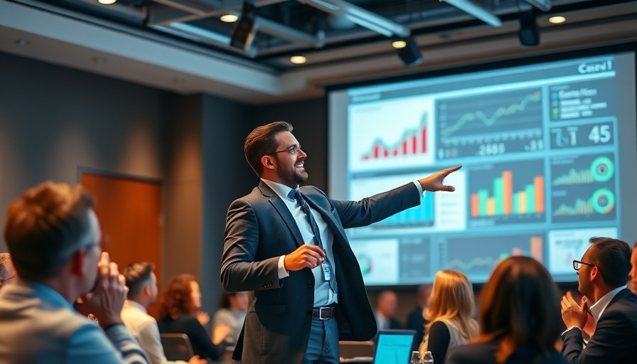 Great presentations: Engaged presenter with dynamic charts, audience applauding.