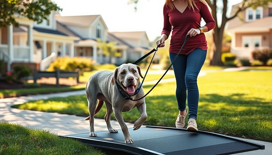 Woman using a ramp to walk an elderly dog, illustrating home hacks for geriatric dogs and cats.