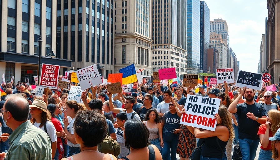 Diverse group protesting police reform in city square with banners.