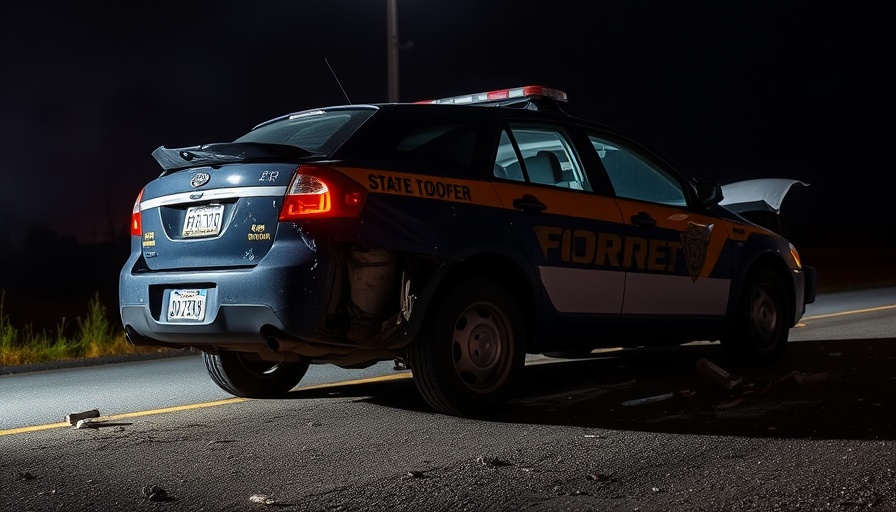 Damaged state trooper vehicle highlighting police officer safety concerns.
