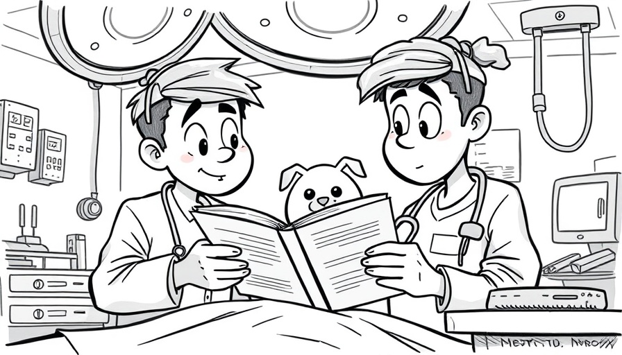 Cartoon of veterinarians using resources during surgery, highlighting trusted resources in veterinary practices.
