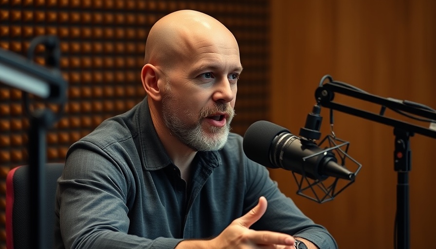 Confident bald man at podcast setup for medspa SEO discussion.