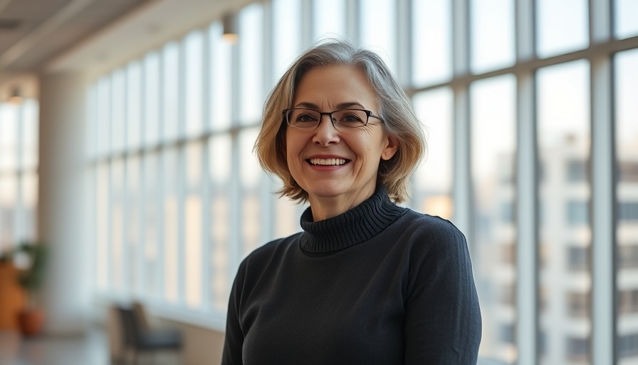 Middle-aged woman smiling indoors, bright natural lighting