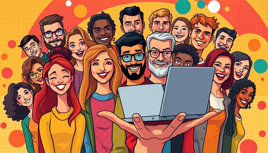 Colorful collage depicting people with a laptop and geometric background.