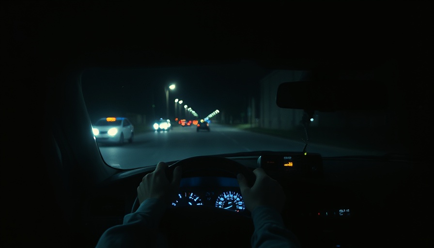 Driver's view of police car interior at night, dashboard lit.