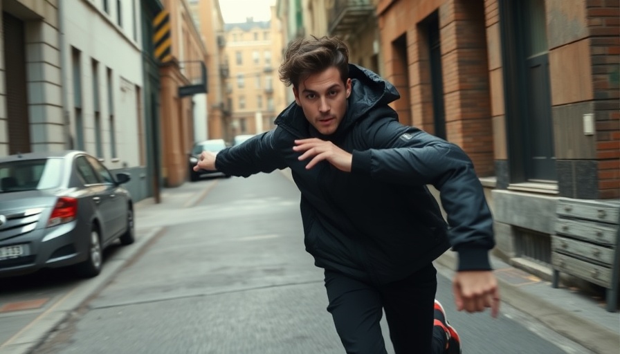 Person in black jacket running between cars in alleyway, police shootings context.