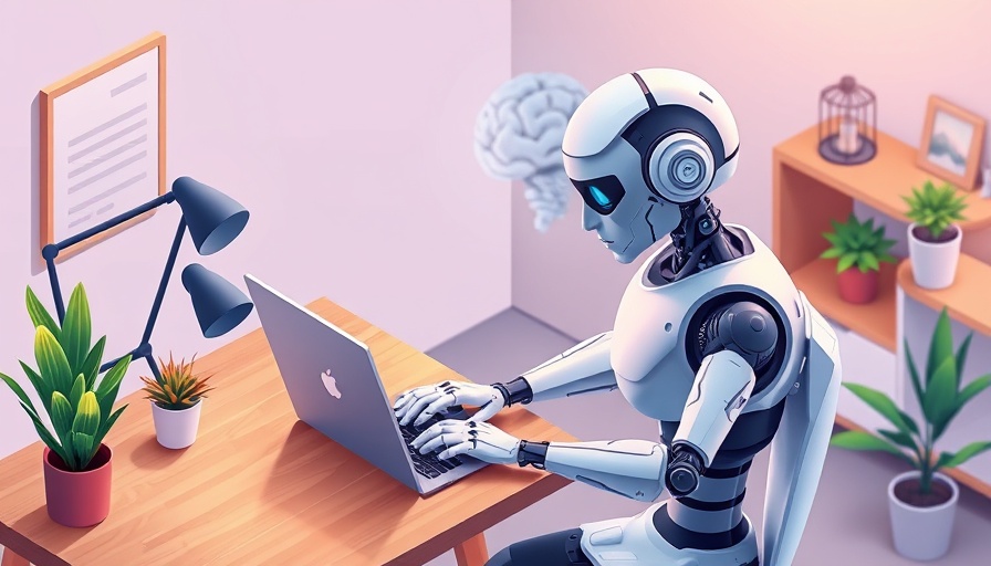 Futuristic depiction of AI in the workplace with a robot at a desk.
