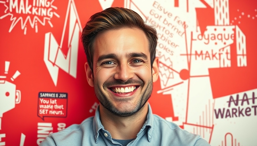 Stylized portrait of a man in marketing, textured red background, abstract design.