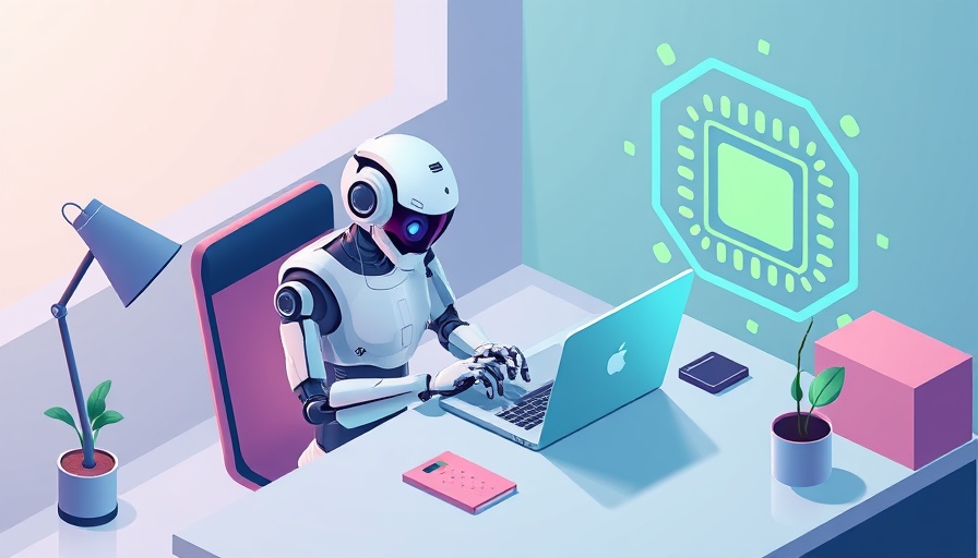 AI in the workplace: Robot working at a desk in a tech-themed office.