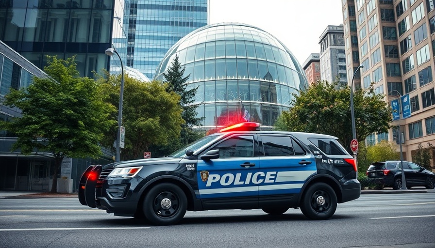 Seattle police SUV near glass dome highlights policing strategies.