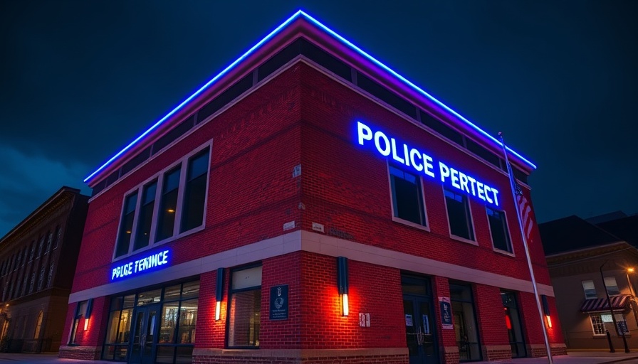 Police department illuminated with blue and red lights at night, police news building.