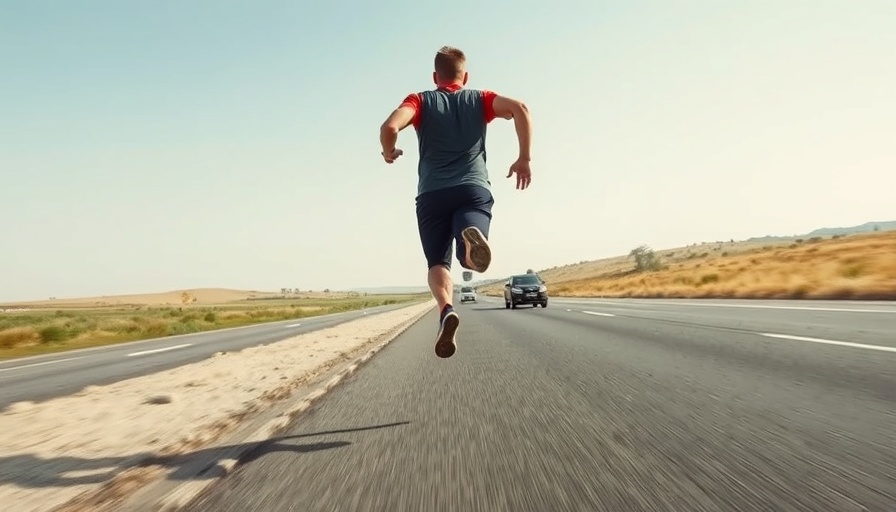 Dashcam view of person running on highway roadside.