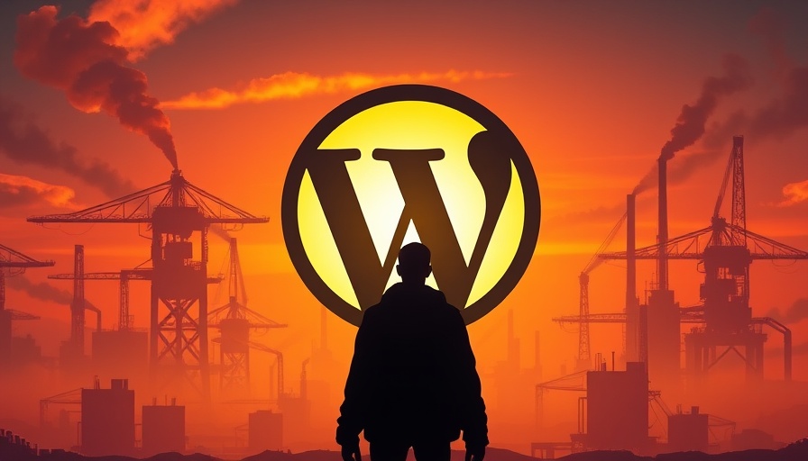 WordPress Contributor Cutbacks symbolized by a silhouetted figure facing a WordPress logo in an abstract industrial setting.