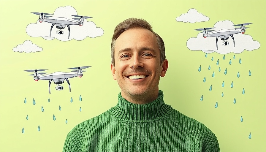 Smiling man with drones and clouds representing cloud seeding technology.