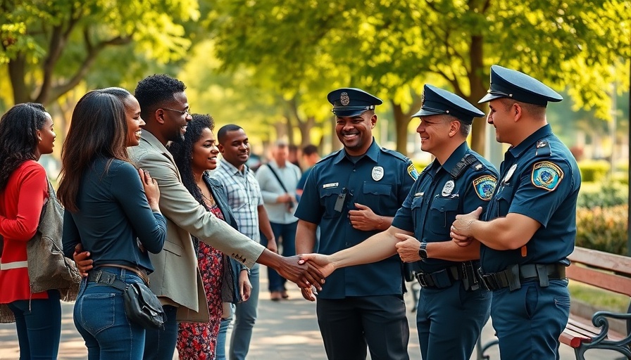 Police reform and community trust depicted by handshake in a park.