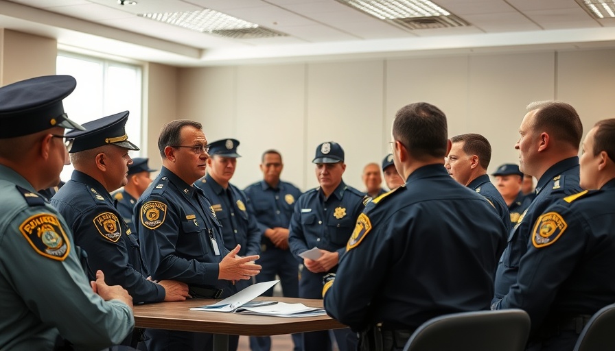 Police officers discussing reform strategies in community meeting.