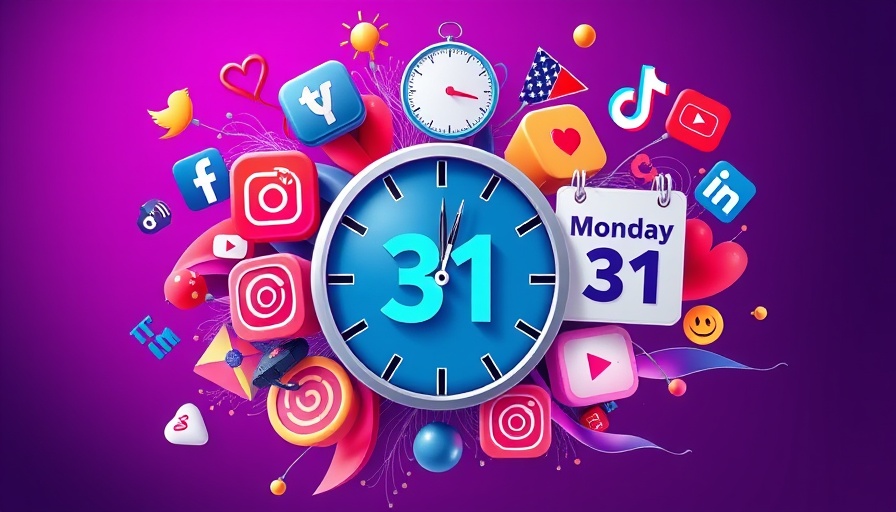 Best time to post on social media 2025 concept, featuring icons and clock.