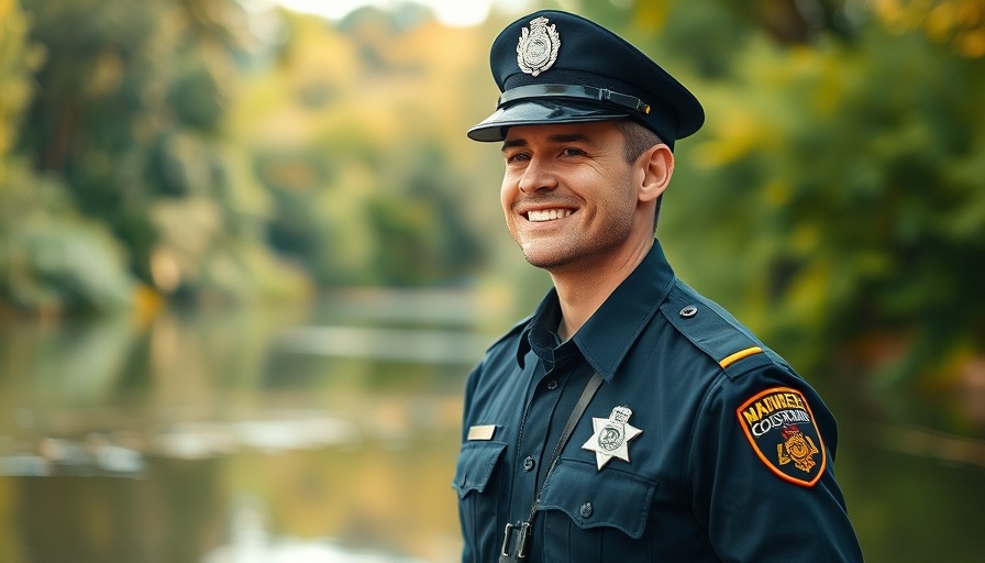 Young man in police uniform smiling near a river, related to manslaughter charge for police officer's death.