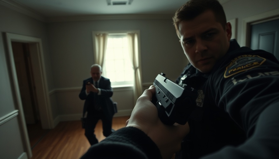Body camera view depicting police use of force choices during apprehension in a dimly lit room.