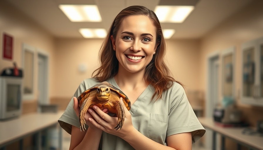 Smiling woman handling exotic pet tortoise in clinic setting.