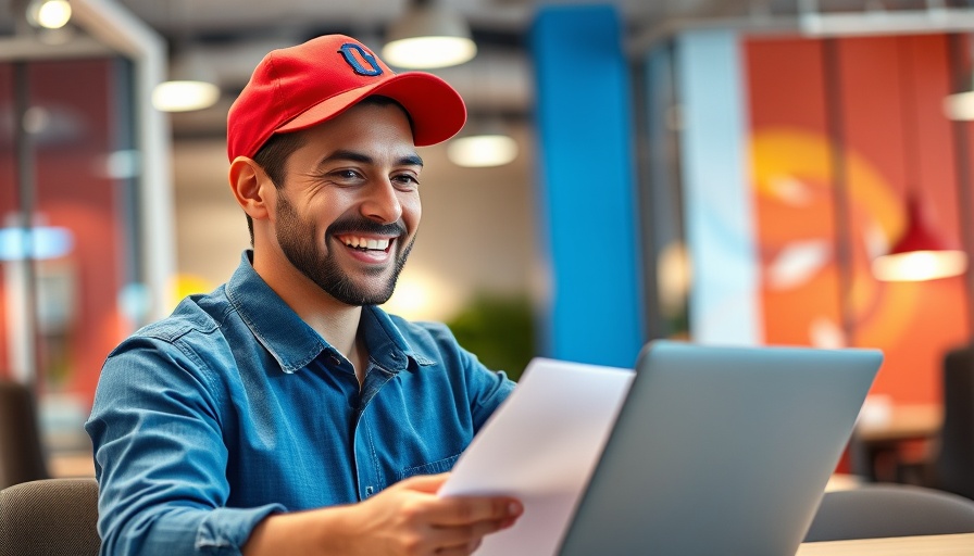 Smiling man analyzing data, vibrant office setting.