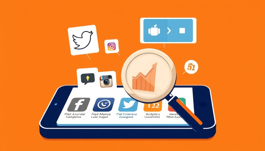 Smartphone with social media icons and analytics on orange backdrop.
