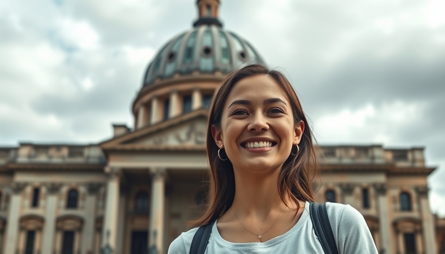 Polestar discounts for Tesla owners promotion with a smiling young woman in front of a domed building.