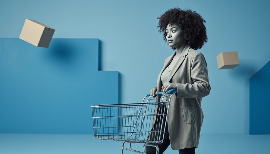 Monochrome woman with cart in abstract e-commerce scene.