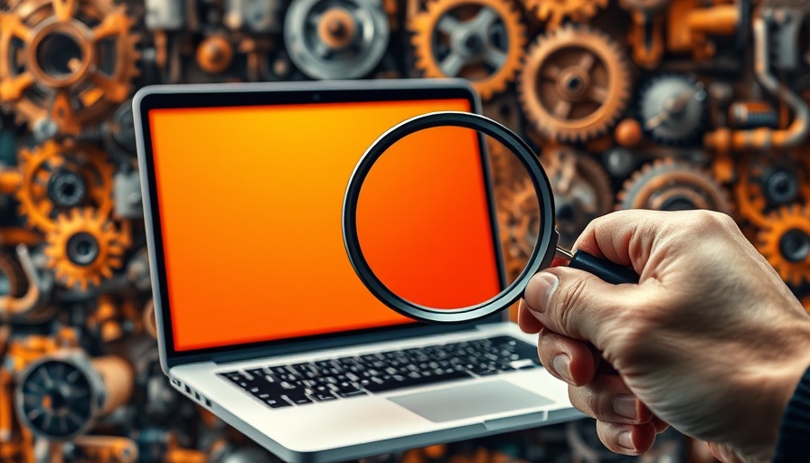 Abstract collage with laptop, magnifying glass, gears; Veterinary Competitive Analysis theme.