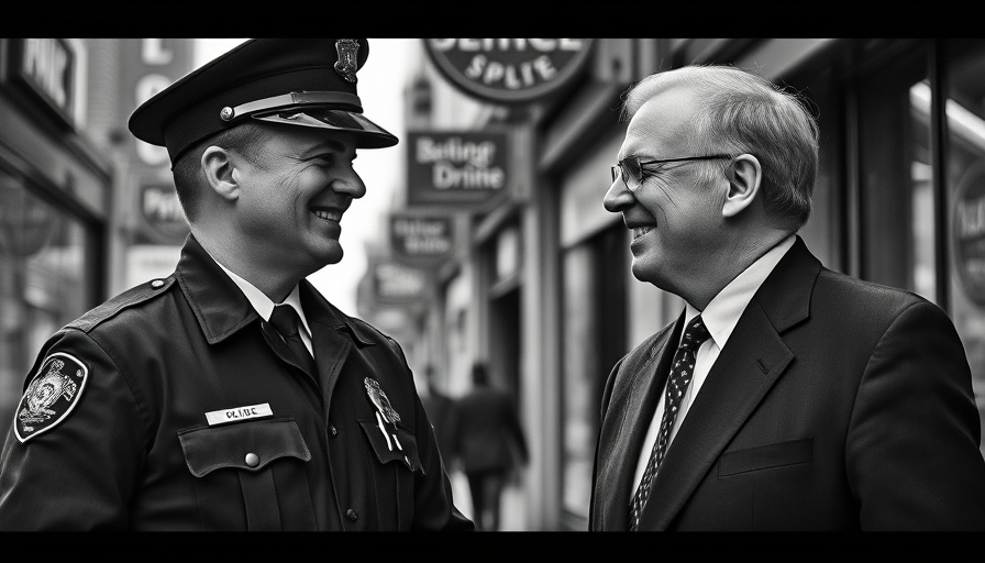 Vintage black and white photo of officer and man in public event.