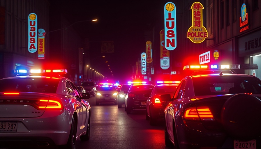 Police vehicles ensuring safety with flashing lights at night.