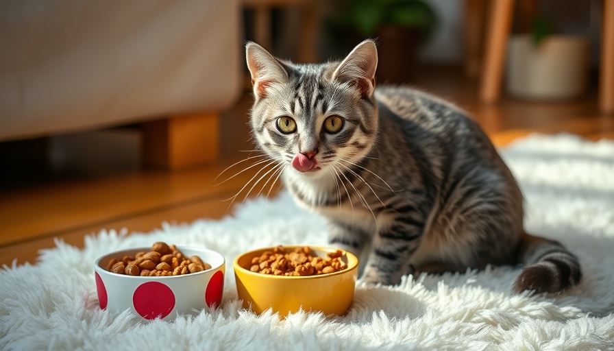 Gray tabby cat with food bowls, expert interviews on nutrition.