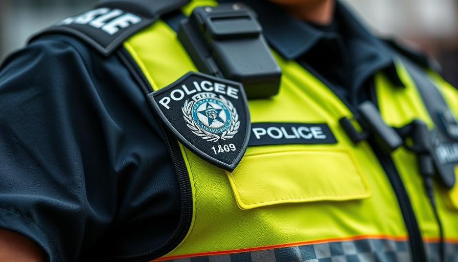 Close-up of police officer with vest and badge, policing strategies in schools.