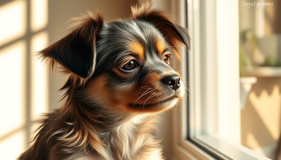 An anxious small dog gazing out a window, separation anxiety treatment for pets.