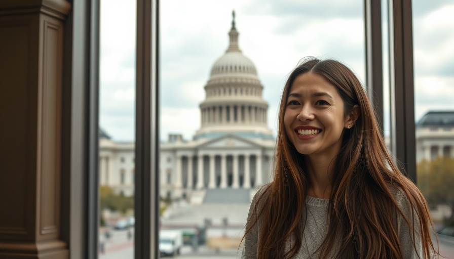 Cheerful woman indoors with Capitol backdrop, focus on establishing a stable sales pipeline for veterinary clinics.