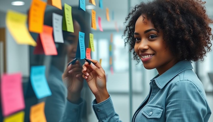 Woman planning veterinary content on sticky notes in office.