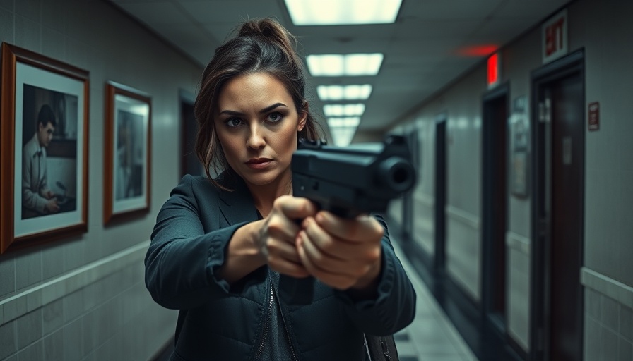 Tense woman with firearm in hallway captured by security camera. Police shootings context.