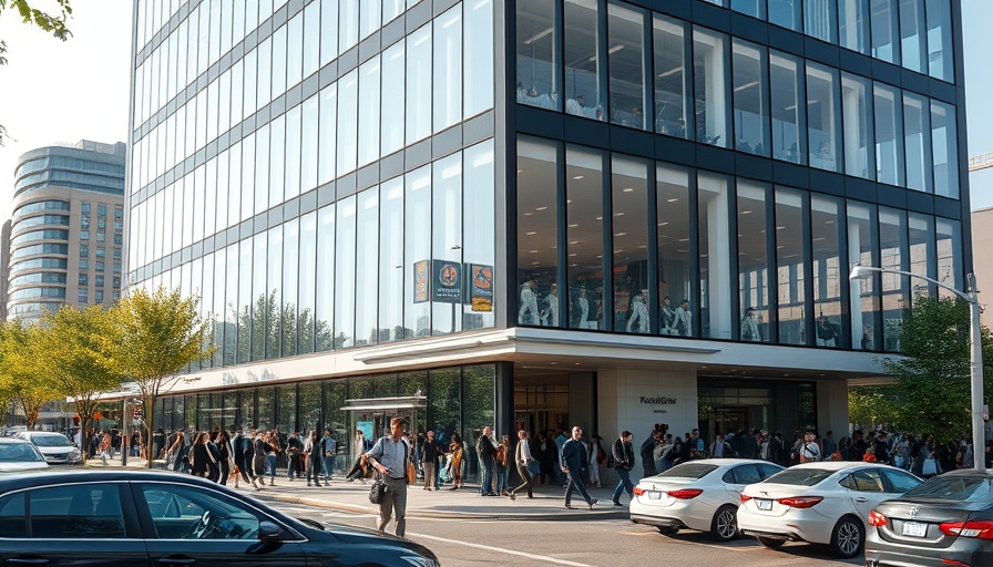 Modern office building in New York depicts parole board accountability, bustling scene.