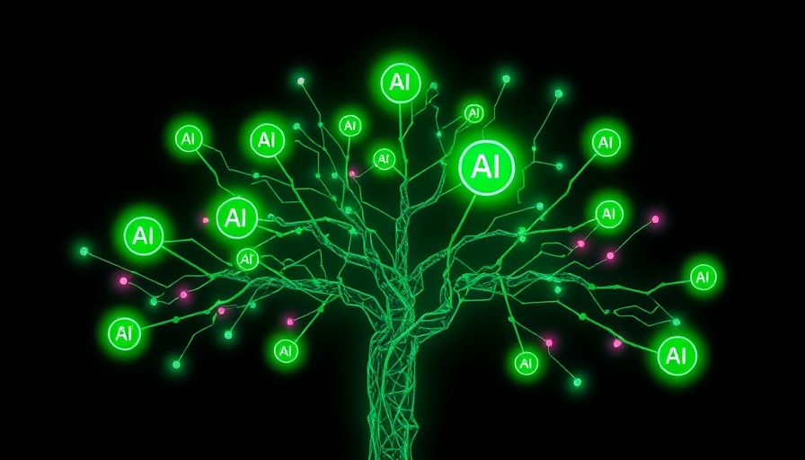 AI tree branching into marketing applications icons, generative AI theme.