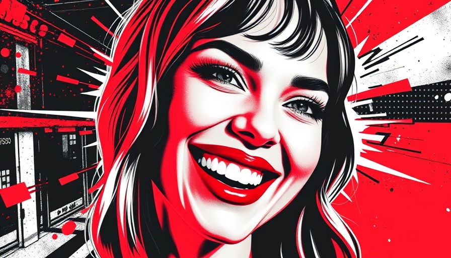 Stylized pop art woman in red, white, black; abstract elements.