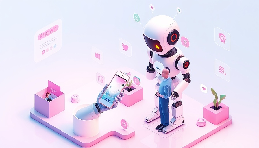 3D isometric illustration of a robot shopping online, marketing to machines.